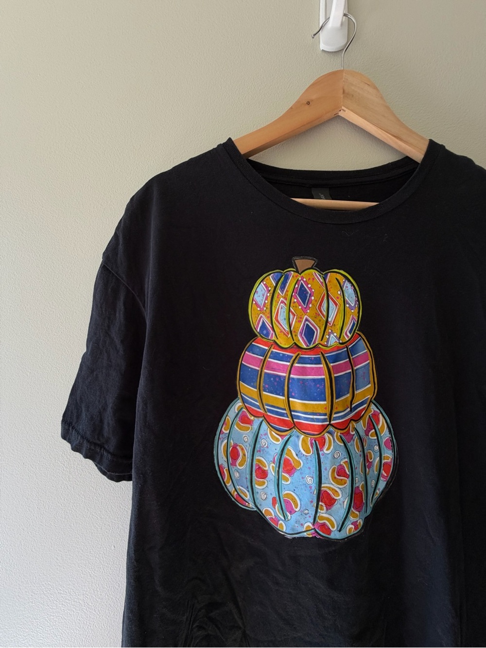 Gildan Black Short Sleeve Tee with Colorful Stacked Pumpkin Graphic - Picture 2 of 4